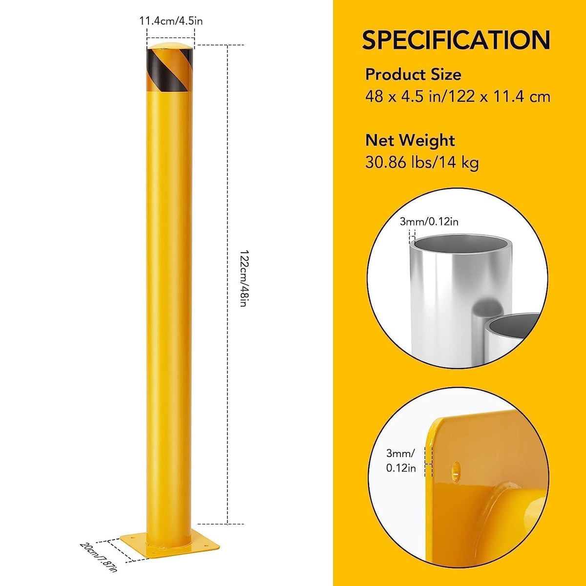 6-Pack 48 Inch Steel Safety Bollards, 4.5 Inch Diameter Parking Bollard Post with 24 Anchor Bolts, Yellow Safety Steel Bollard Post for Driveway Barrier, Traffic Control & Storefront Protection