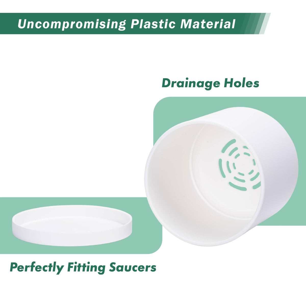 D'vine Dev 2 Pack 5 Inch Modern Plastic Plant Pots, Small Garden Planters for Plant with Drainage Holes and Saucers, White Color, 74-Z-G-1