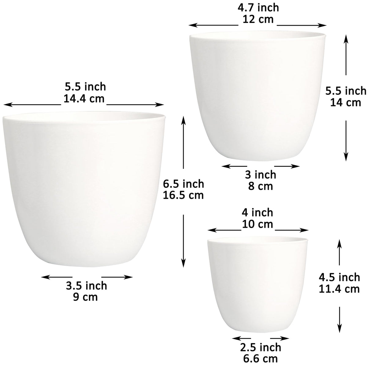 Youngever 6 Pack 4.5 Inch, 5.5 Inch, 6.5 Inch Plastic Planters Indoor Flower Plant Pots Combo (White)
