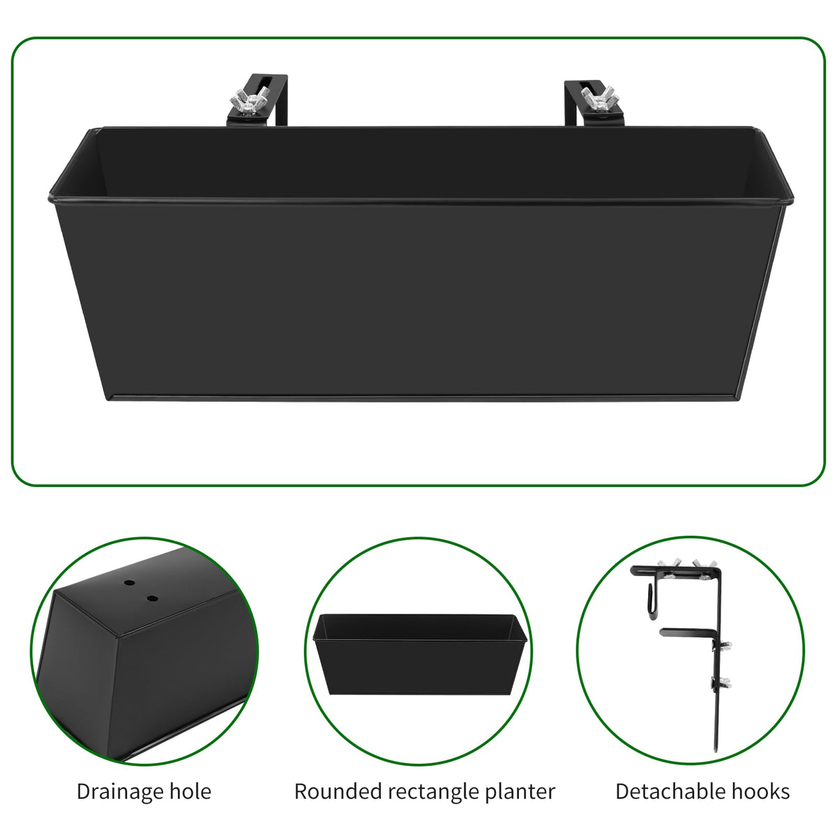 Holensun Railing Planter for Outdoor Plants 16 Inch Metal Rectangular Window Boxes with Adjustable Brackets and Drainage Hanging Flower Pots for Balcony Deck Railings Apartment Patio Decor Black(4PCS)