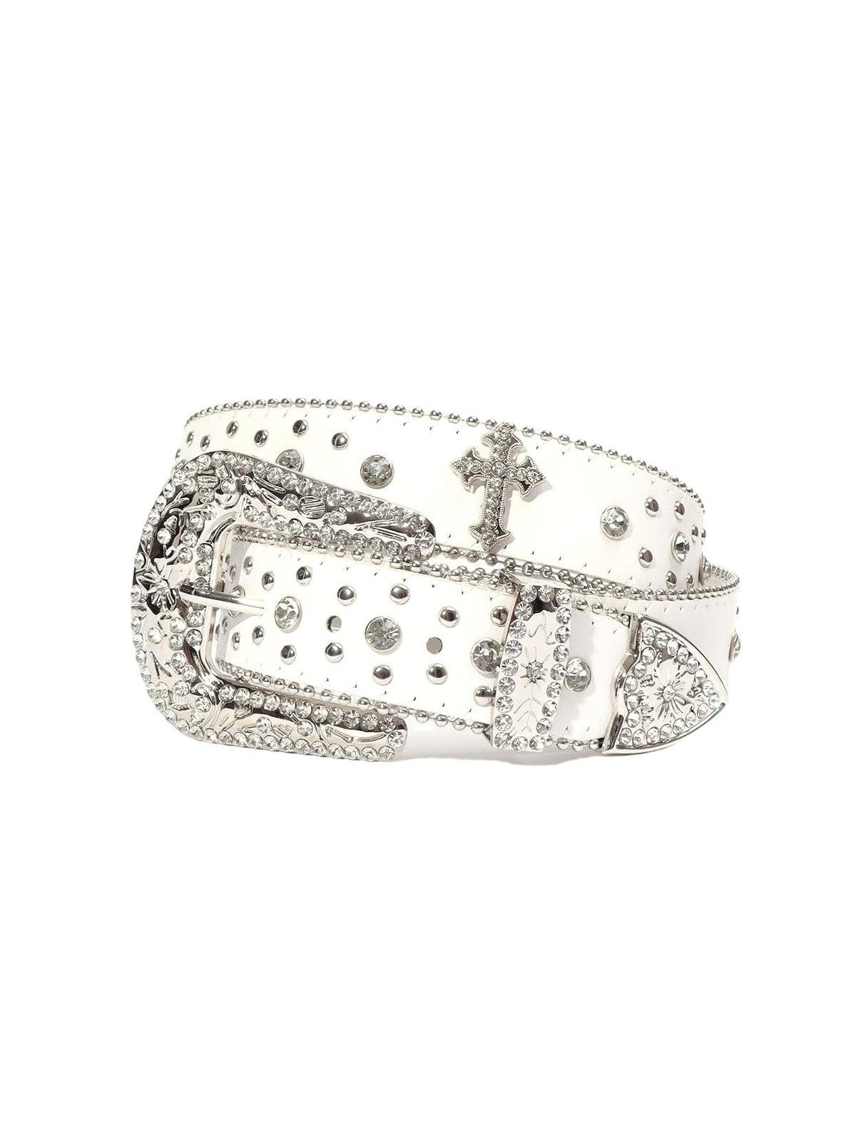 Strapvia Rhinestone Belt for Men & Women, Western Cowboy Cowgirl Belt with Bling Cross Design for Jeans (Full white, waist size 38"-41")