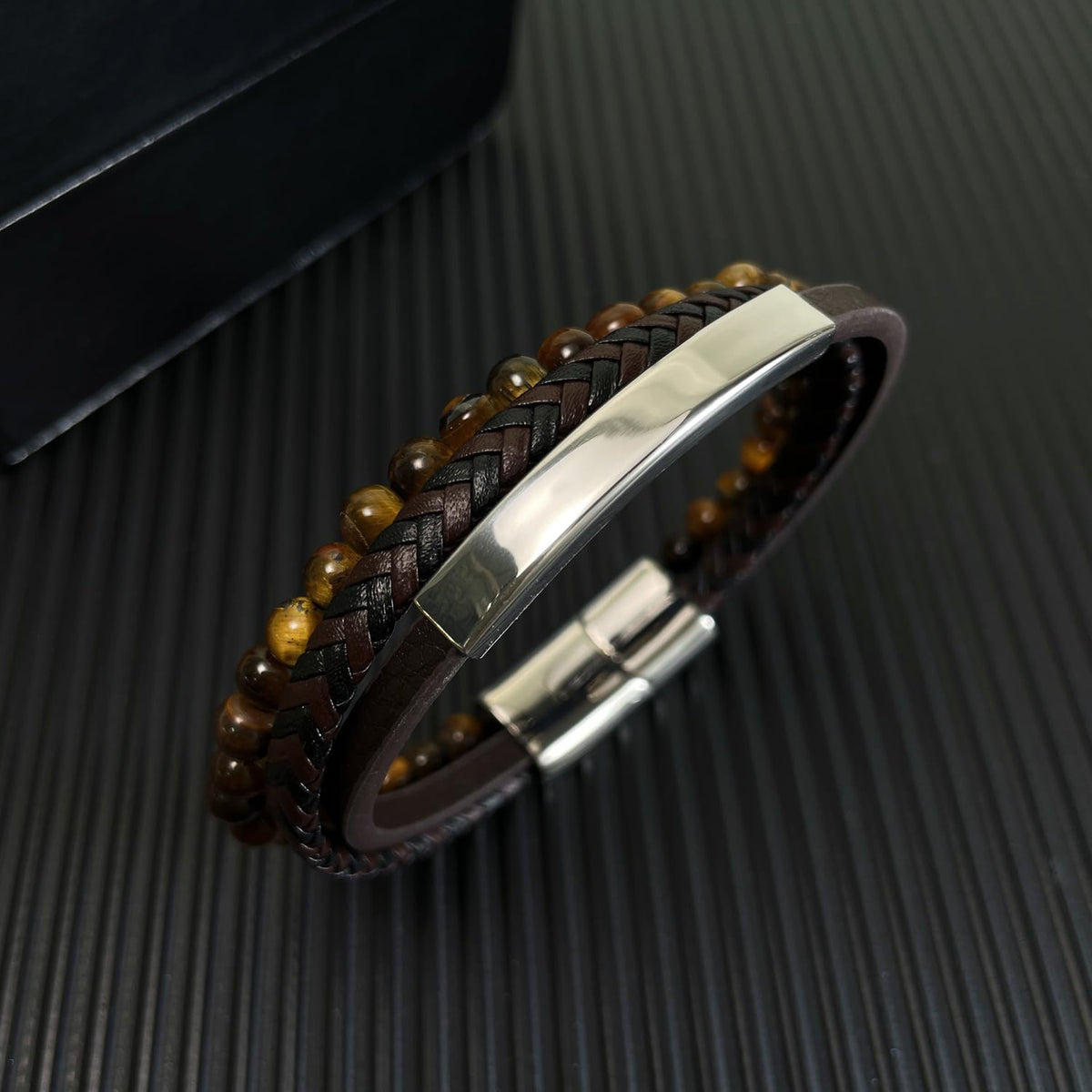 Kim Carrey Italian Handmade Genuine Leather Multi-Layer Cuff Bracelet for Men with Stainless Steel Clip, 8.2" Tiger Eye