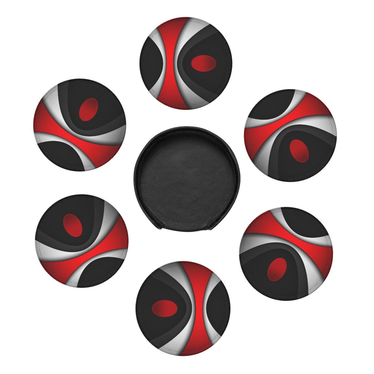 Keeawou Black in Modern Abstract Red Leather Drinks Coasters with Holder, Set of 6, Suitable for Various Cups