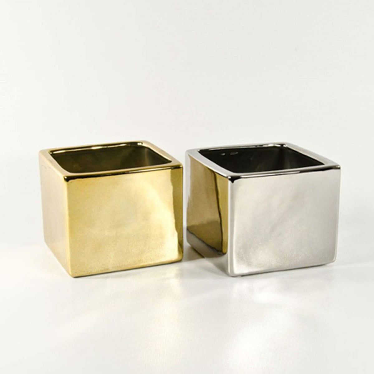 WGV Ceramic Cube Vase Width 6.5" Height 6" (Fits 6" Pot) Elegant Modern Block Square Floral Planter Terrarium Container Table Dresser for Event Accent Home Office Decor Gold 1 Piece