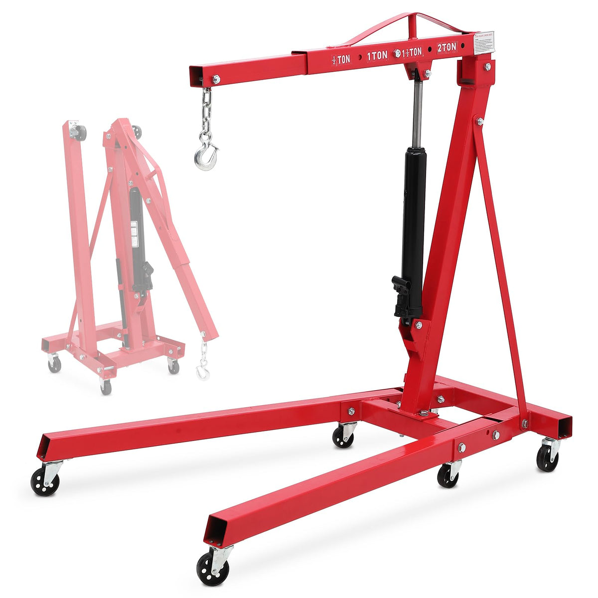 2-Ton Folding Hydraulic Engine Hoist Cherry Picker, 4400 lb Capacity, Heavy-Duty Shop Crane with Telescoping & Adjustable Boom (0.5-2T), 6 Swivel Caster Wheels, Load Leveler, Hitch & Storage Stand for