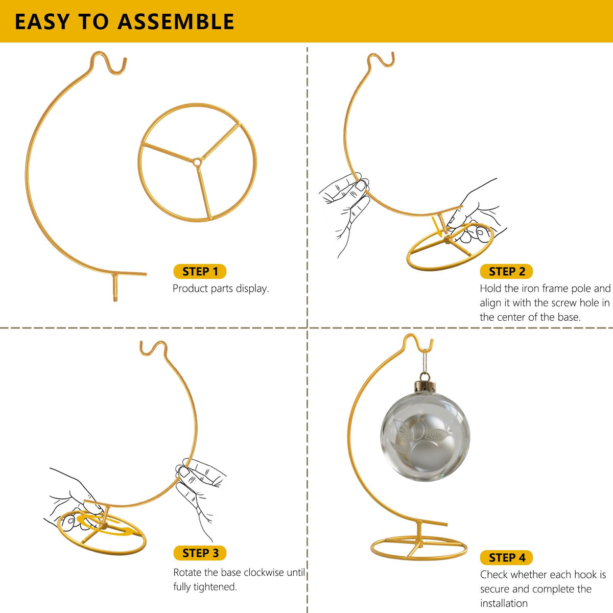 MADOCEGO Ornament Display Stand,Assembled Display Stand with Hook,Iron Pothook Stand for Hanging Glass Globe, Air Plant Terrarium, Home Wedding Decoration ( Gold )