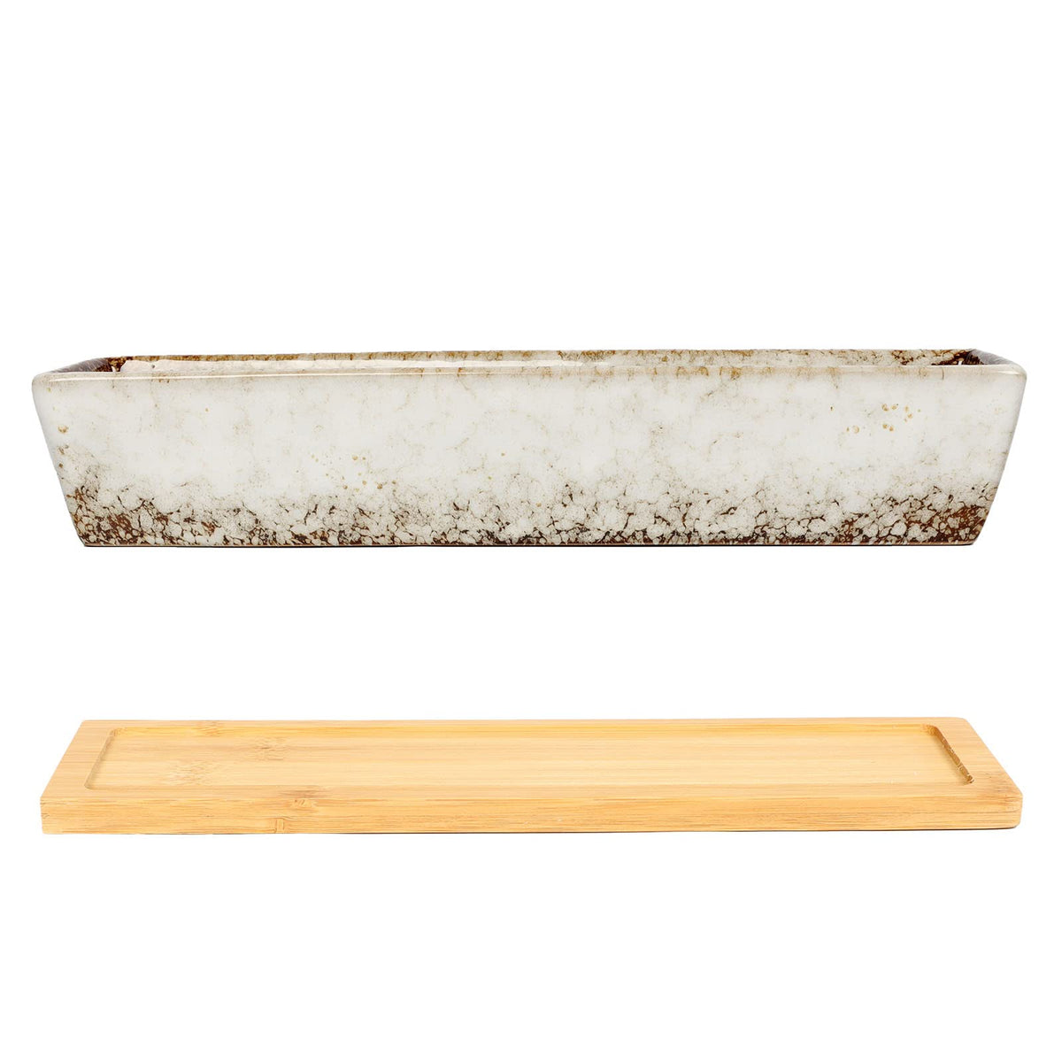 WISH HALLY WOOD 9.8inch White Long Rectangle Ceramic Succulent Planter Pot,one Set of Mini Flower Plant Container with Bamboo Saucers. Product Size:9.8x2.35x1.77 inch,not Include The Plant. (White)