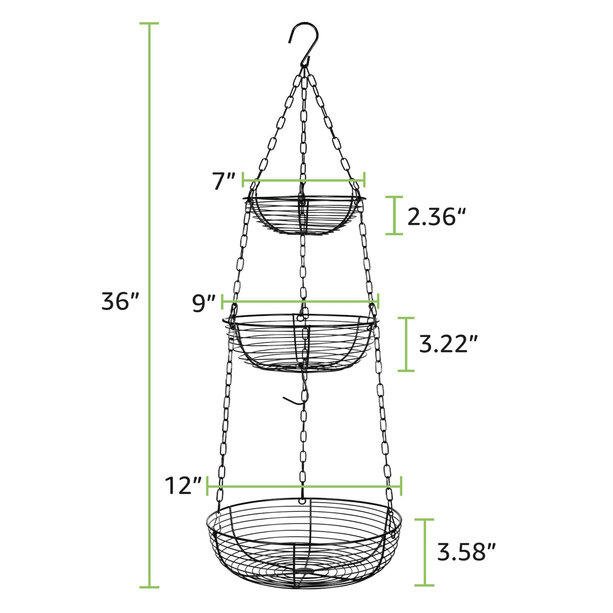 HULISEN 3 Tier Hanging Fruit Basket with Banana Hook, 36-Inch Heavy-Duty Wire Hanging Baskets for Kitchen Storage, Vegetable Produce Organizer (Including Installation Bracket)
