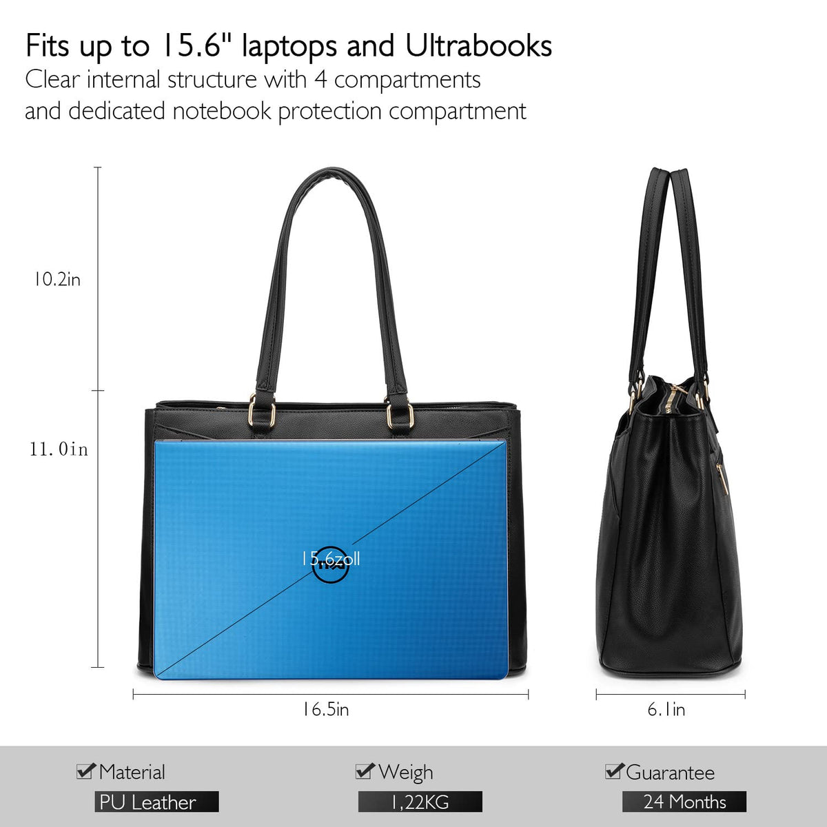 LOVEVOOK Laptop Tote Bag for Women 15.6 Inch Waterproof Leather Computer Bags Business Office Work Briefcase Black