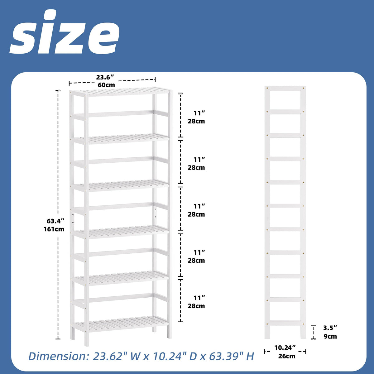 HITNET Bookshelf, 6-Tier Tall Bookcase Freestanding Bamboo Book Shelf Bathroom Storage Organizer with Adjustable Shelves, White