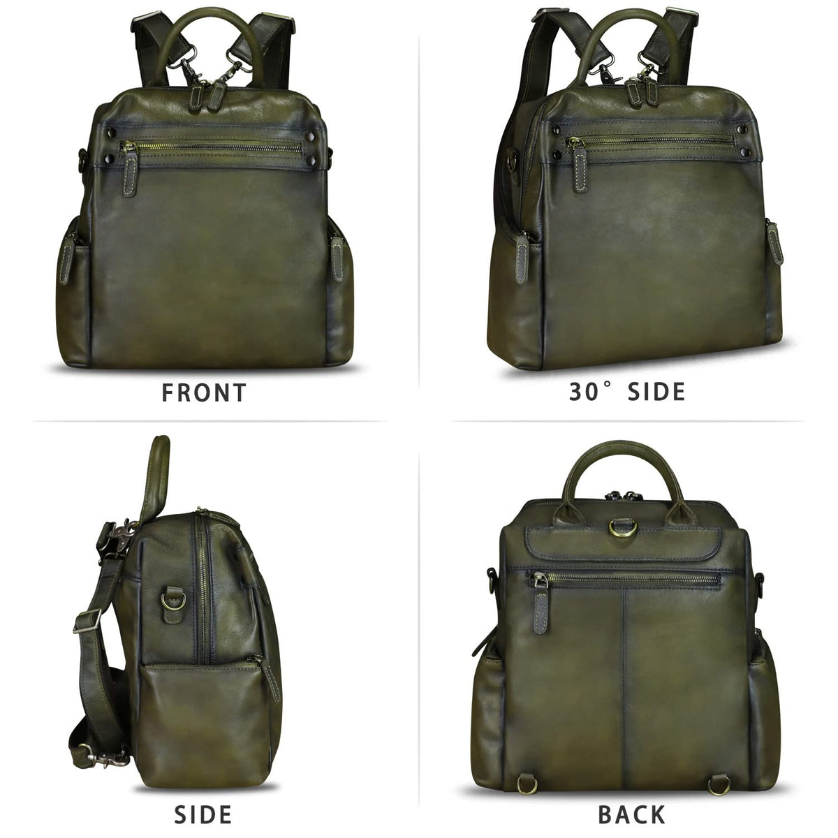 Genuine Leather Backpack Purse for Women Vintage Casual Daypack Knapsack Handmade Rucksack Convertible Shoulder Bag (Green) Medium
