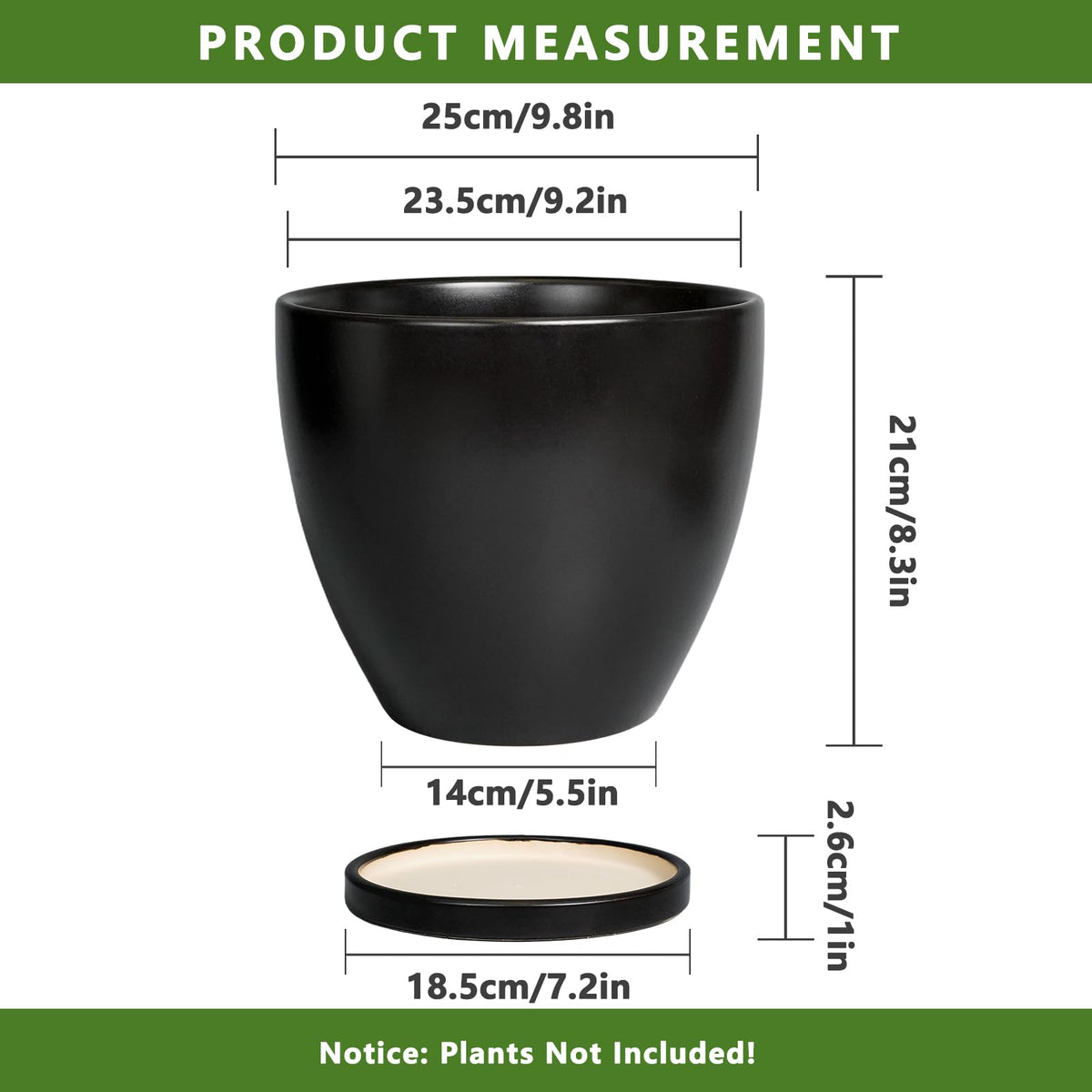 EPFamily Ceramic Planter - 10 Inch Plant Pot with Drainage Hole and Tray, Round Flower Pots, Planters for Indoor Plants, Modern Room Garden Patio Bathroom Living Room Porch Home Decor, Black