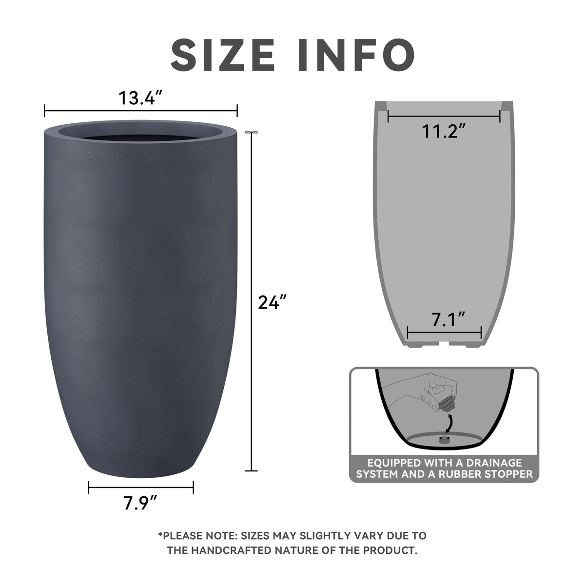 Kante 24 Inch Tall Concrete Planter, Outdoor Indoor Large Plant Pots with Drainage Hole and Rubber Plug for Home Garden Patio Porch Smooth Charcoal