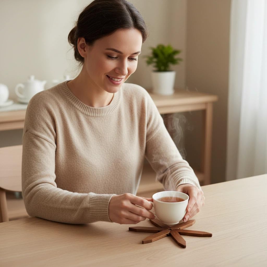 Walnut Tree Table Mat,Wooden Table Mat Tree,Foldable Trivets for Hot Dishes,Non-Slip Heat Insulated Folding Wood Table Plate Mat (Walnut)