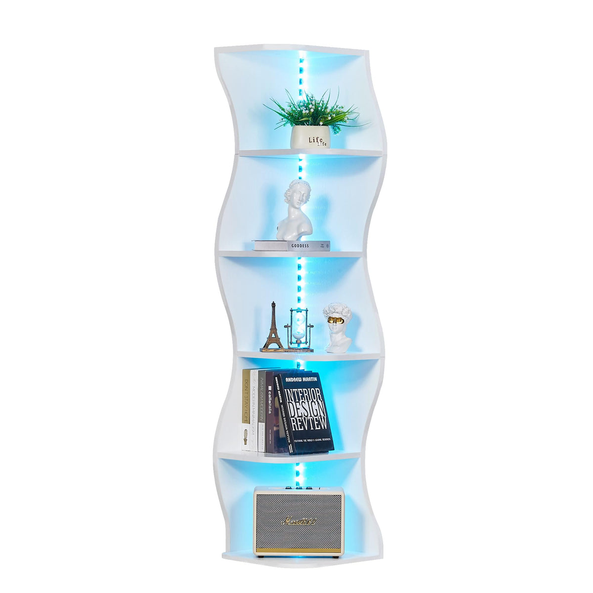 VECELO 6-Tier Wave Corner Bookcase with LED Lights, 90° Right-Angle Tall Narrow Bookshelf, Wooden Corner Display Stand Storage Shelf for Small Spaces, Living Room, Bedroom, Home Office (White)