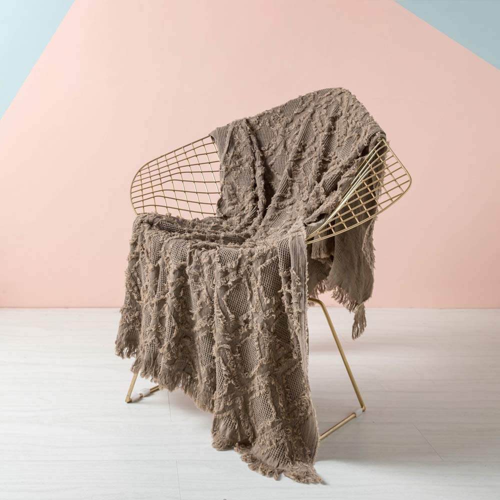 Simple&Opulence 100% Cotton Throw Blanket for Bed, Couch, Boho Textured Geometric Knit Woven Blanket with Tassels Soft, Lightweight Breathable Shabby Chic Farmhouse Decoration for All-Season(Brown)