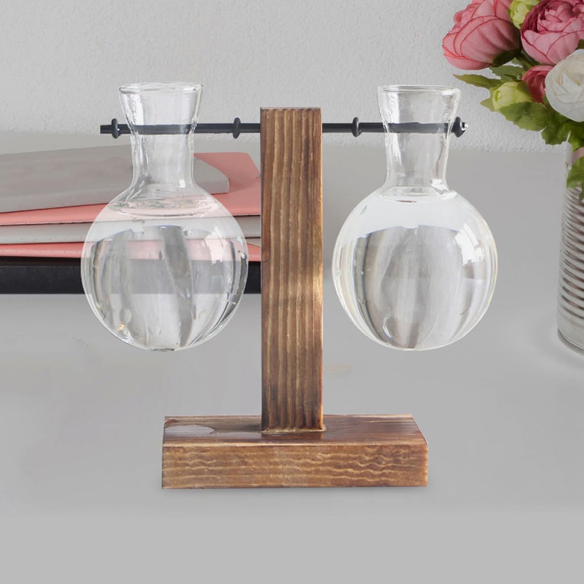 MOBUTOFU 3pcs Hydroponic Propagation Glass Containers with Wooden Stand, High Borosilicate Plant Terrarium Glass Holders for Indoor Desktop Decoration