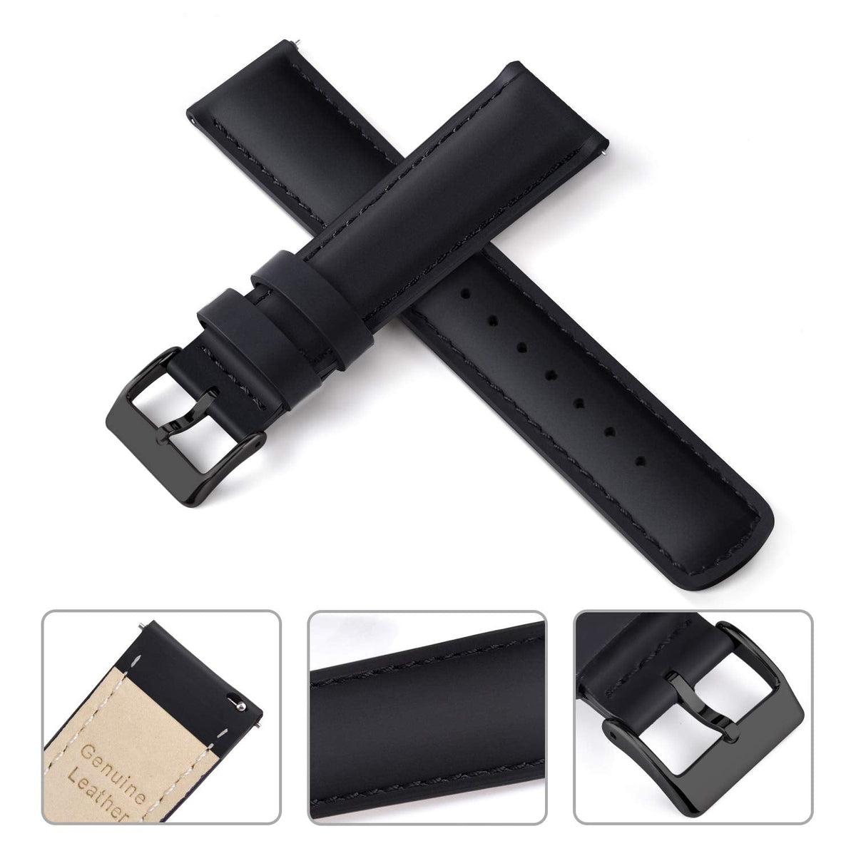Ritche Genuine 18mm Black Leather Watch Bands Top Grain Classic Vintage Quick Release Leather Watch Strap, White Elephant Gifts, Stocking Stuffers for Men, Father's Day gifts