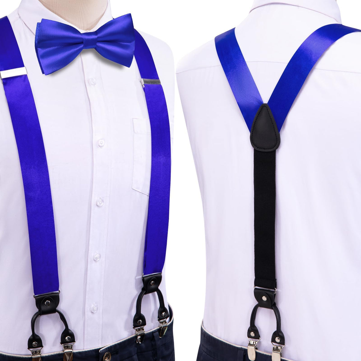 Hi-Tie Royal Blue Satin Suspender Bowtie Set for Men Suspenders Pre-tied Bow Tie Pocket Square Cufflinks Adjustable Y Shape 6 Clips Braces Tuxedo
