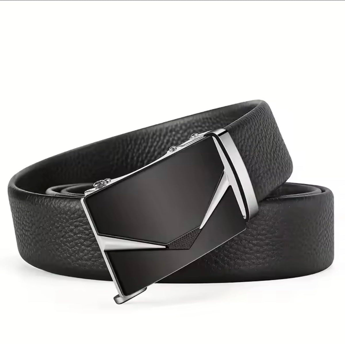 TJH Men's Leather Ratchet Belt with Automatic Buckle, Trim-to-Fit Adjustable (Waist 28–44 Inches), No-Hole Belt (Silver)