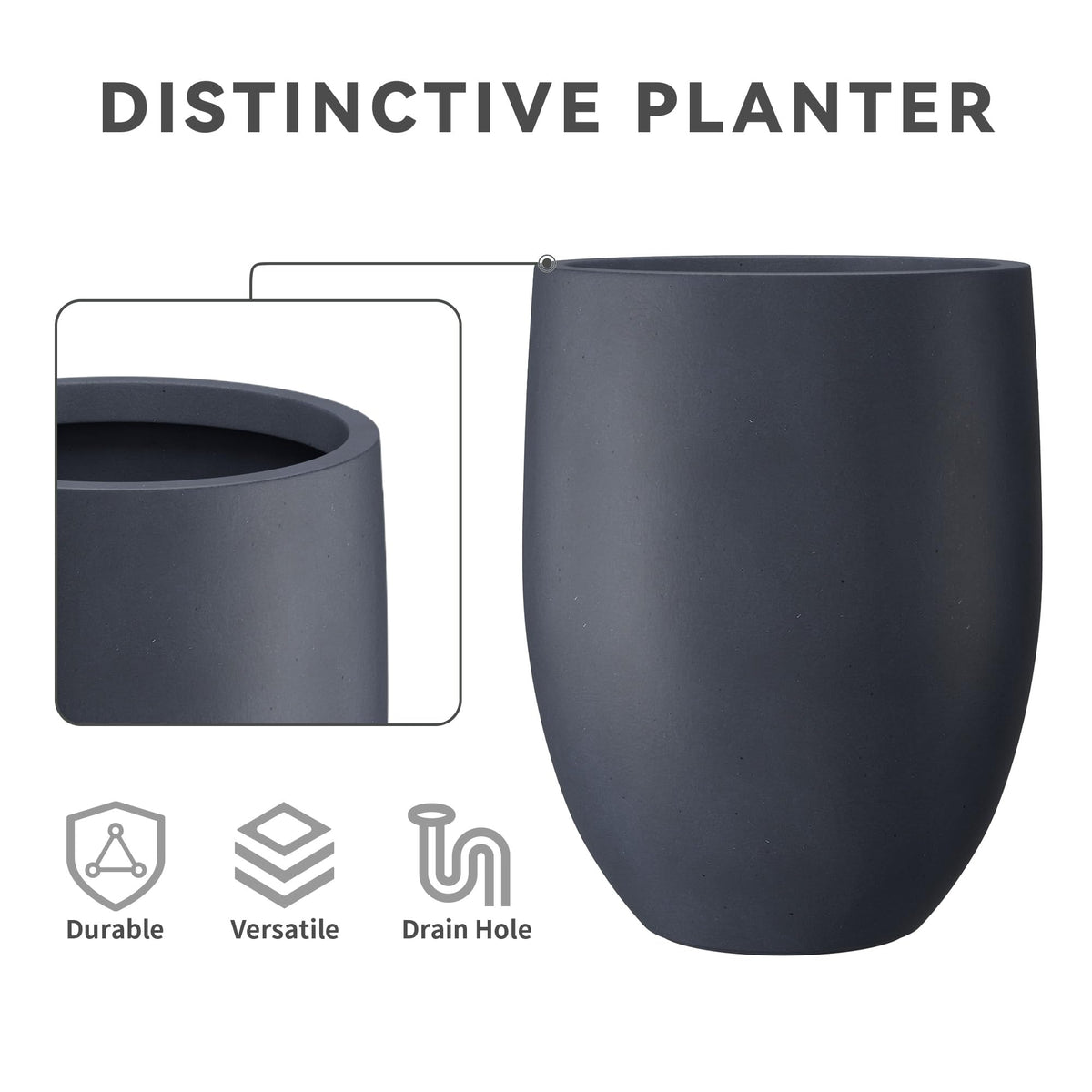 Kante 21.7" H Charcoal Concrete Tall Planter, Large Outdoor Indoor Decorative Pot with Drainage Hole and Rubber Plug, Modern Round Style for Home and Garden