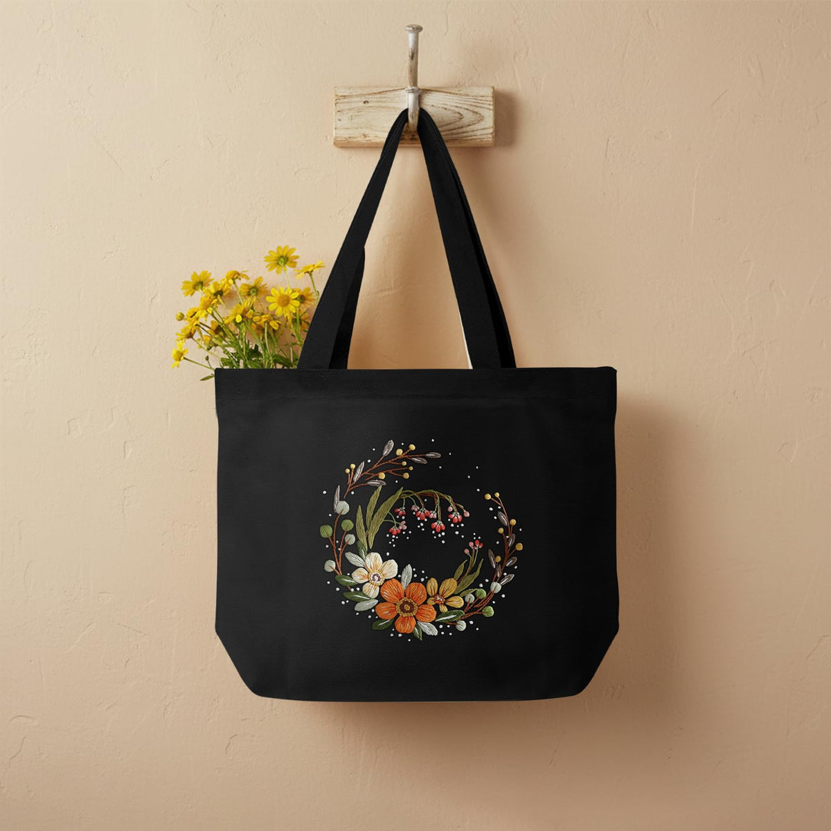 ERKOON Canvas Tote Bag Embroidery Kit for Beginners, Floral Arts Crafts Cross Stitch Kits for Adults Including Stamped Embroidery Bag with Hoops, Needle, Instruction and Color Threads (Flower)