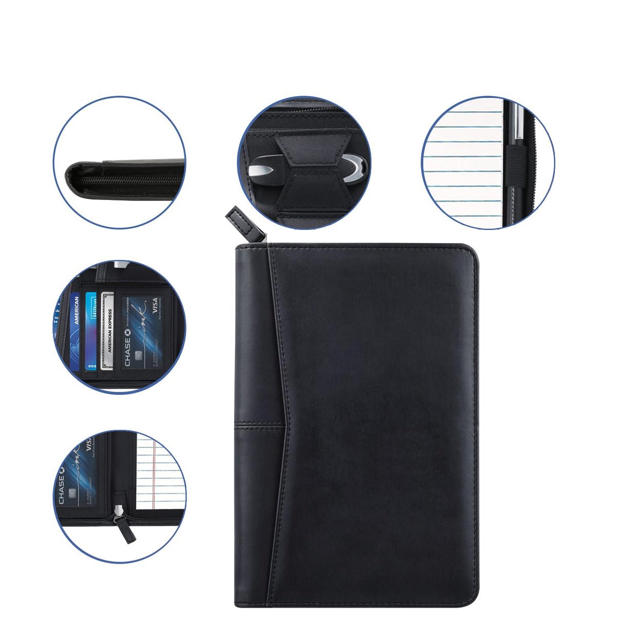 Gorbado Small Portfolio Organizer, A5 Zippered Business Portfolio, Junior Padfolio Folder Binder for Women & Men, 5 x 8 Writing Pad Included, Black