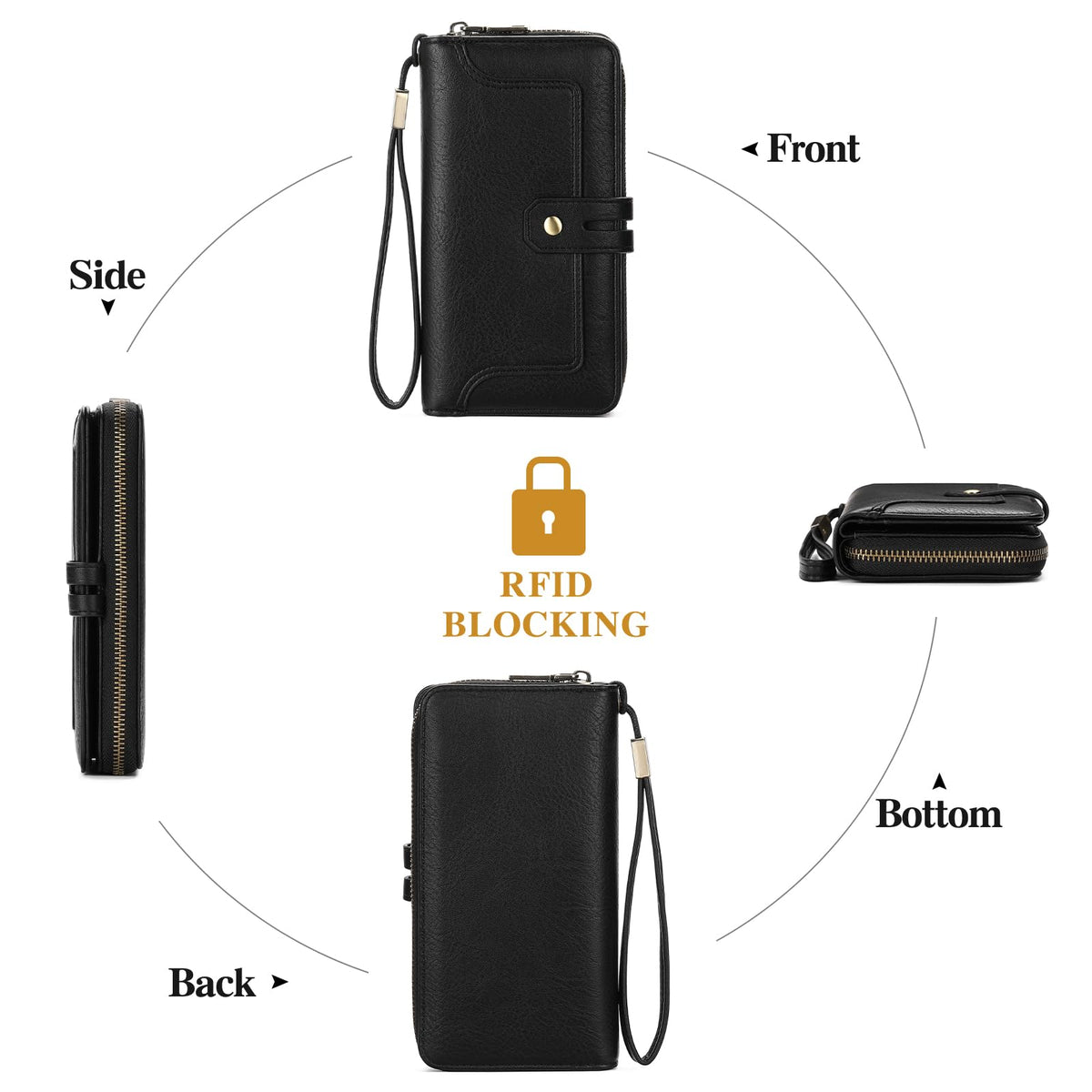 GOIACII Wristlet Wallets for Women Large Capacity RFID Blocking Ladies Phone Clutch Card Holder Black