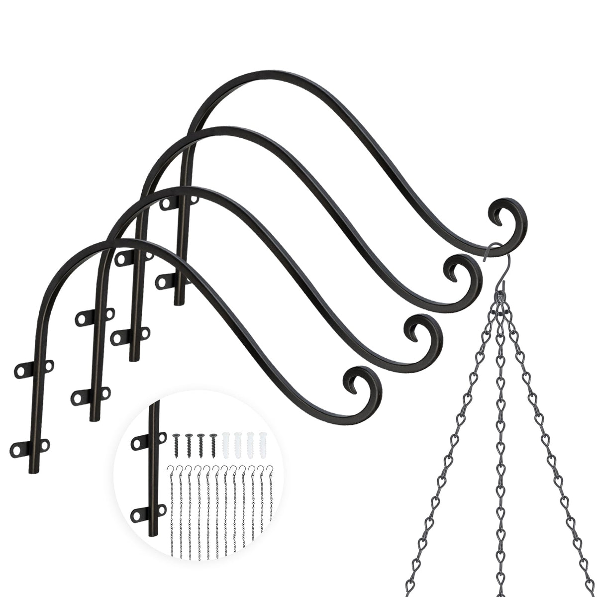 Plant Hangers Outdoor, 4 Pack 12 Inch Plant Hooks with 12 Chains for Wall Metal Plants Hanging Bracket for Bird Feeder, Flower Baskets, Wind Chimes, Lanterns, Indoor Outdoor, Black