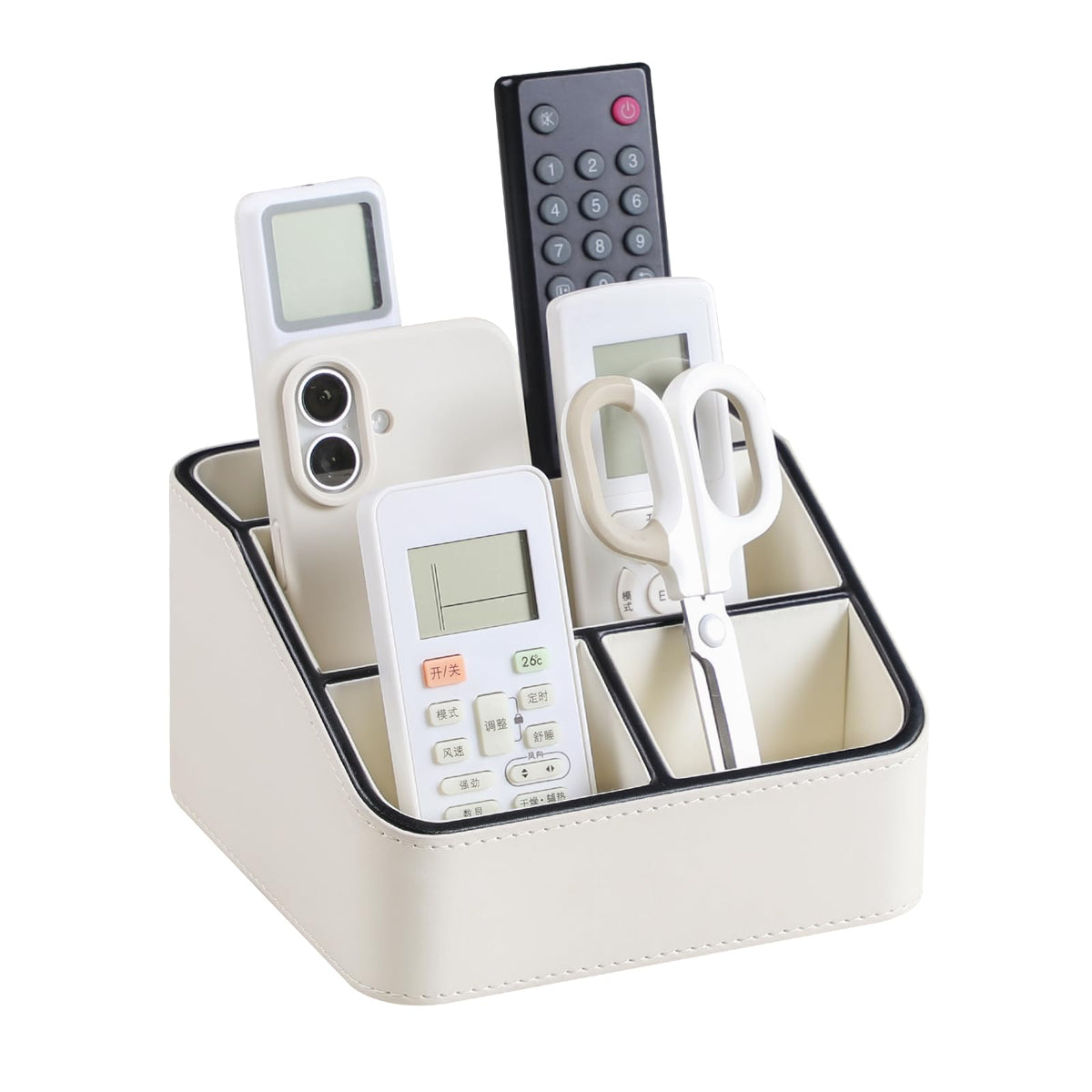 MEIBOOCH Remote Control Holder, PU Leather Small Desk Organizer with 4 Compartments, Nightstand Organizer Office Desk Accessories Desk Caddy for Countertop Bedside End Table (Cream)