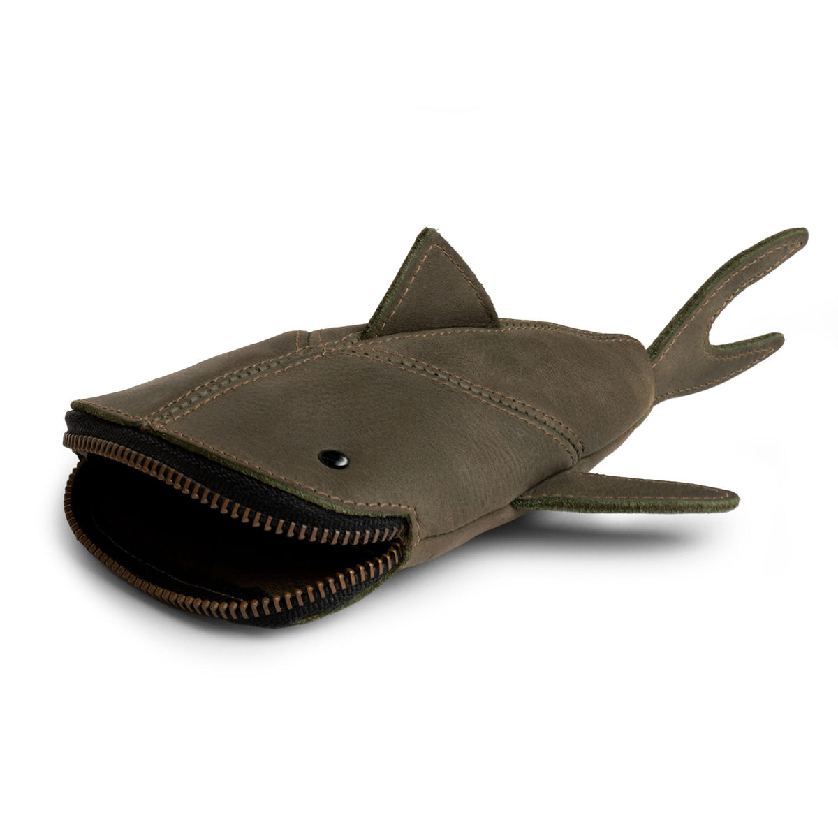 Hide & Drink, Full Grain Leather Zipper Coin Pouch, Change Bag, Pencil Purse, Scissors Case, Shark Shaped Cable Holder, Wallet, Makeup, Stuffed Animal, Handmade, Dark Jade