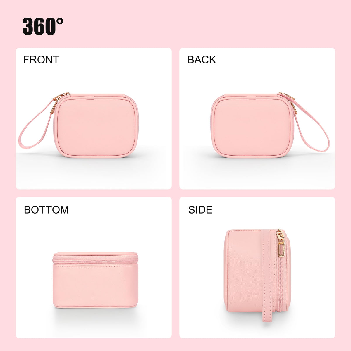 Relavel Mini Makeup Bag with Led Mirror, Small Cosmetic Bag with 3 Light Modes, Rechargeable Portable Makeup Pouch with Hands-Free Wrist Strap for Pool Parties丨Work Touch-Ups丨Travel - Pink