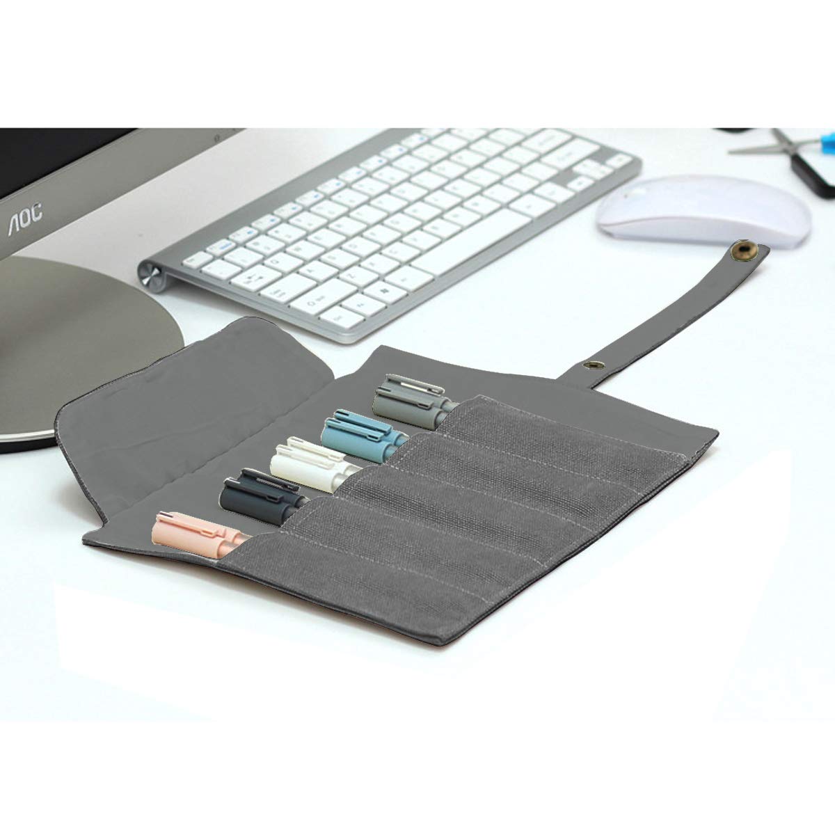 Enyuwlcm Canvas Stationery Handmade Rollup Pencil Case Travel Fountain Pen Organizer Bag Pencil Wrap Gray