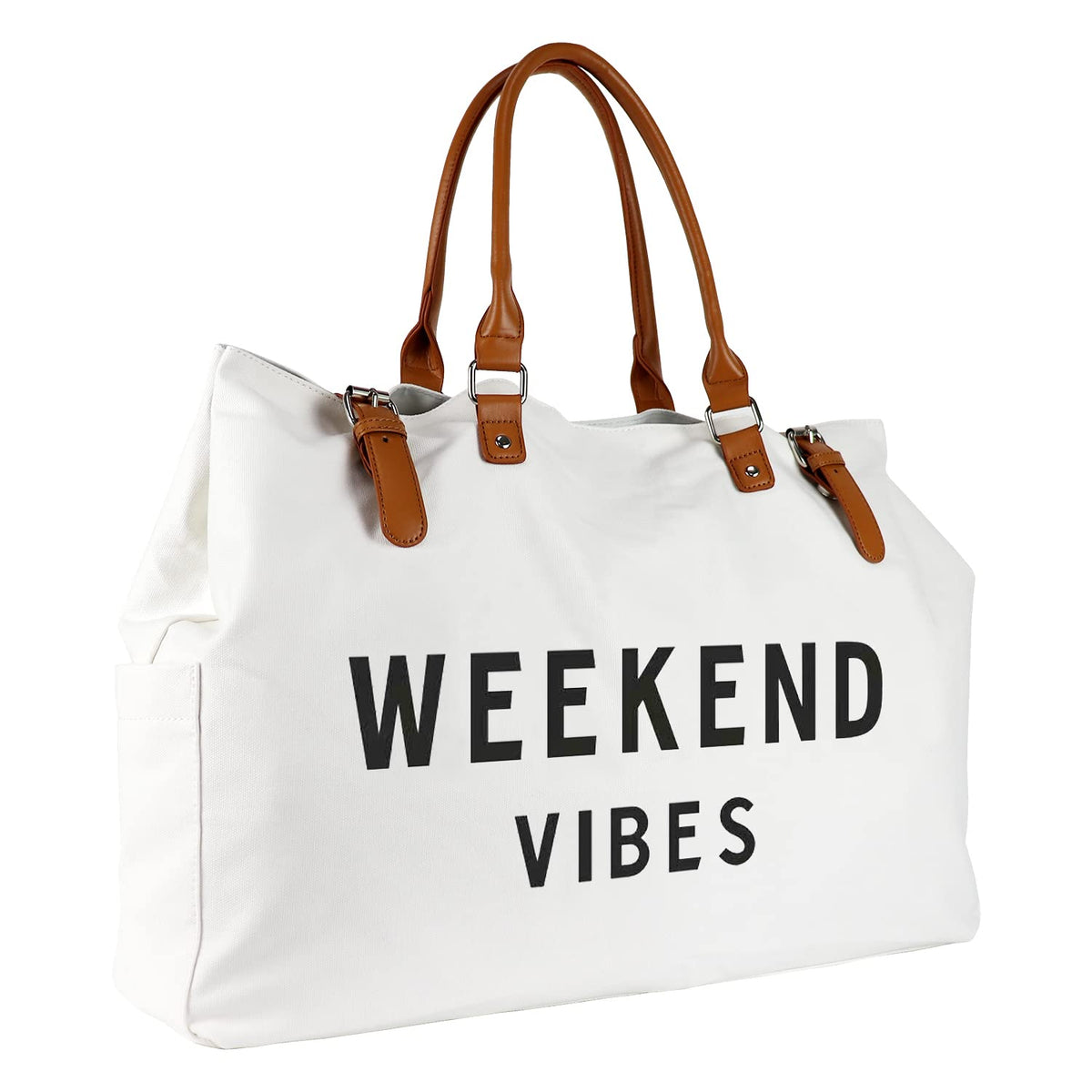 Lamyba Beach Tote Bag for Women, Oversized Travel Tote Bag with Vegan Leather Handle, Weekend Vibes White X-Large