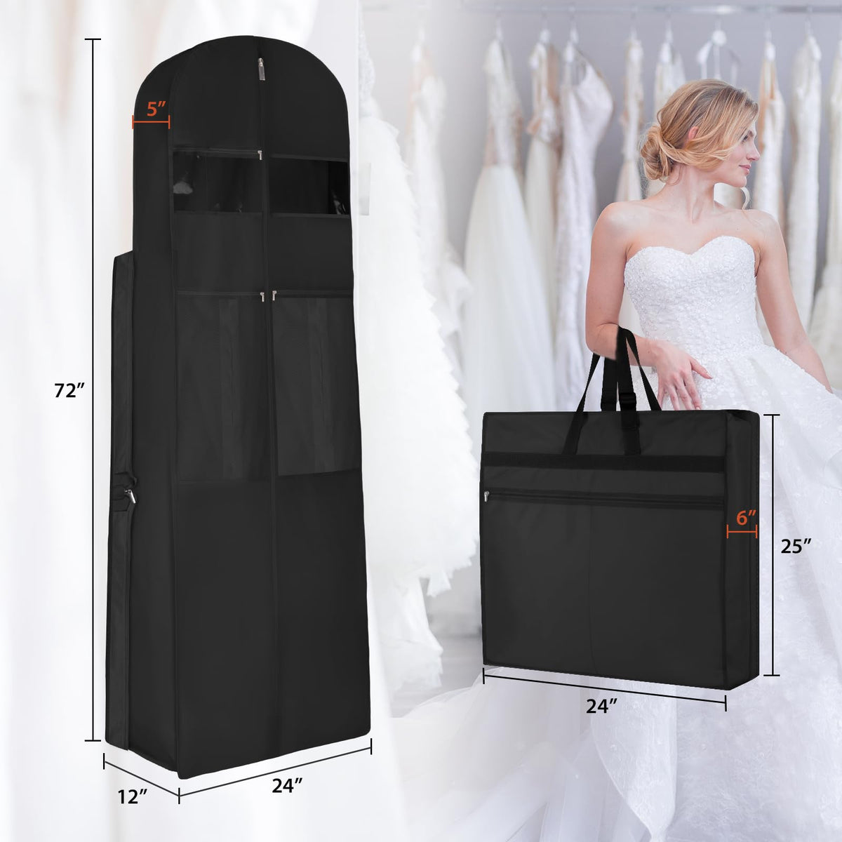 KEEGH Wedding Dress Garment Bag, 72” Tri-fold Bridal Dress Bags for Gowns, With Accessory Pockets and Adjustable Buckle Dress Cover for Wedding/Prom/Travel/Closet Storage (Black)