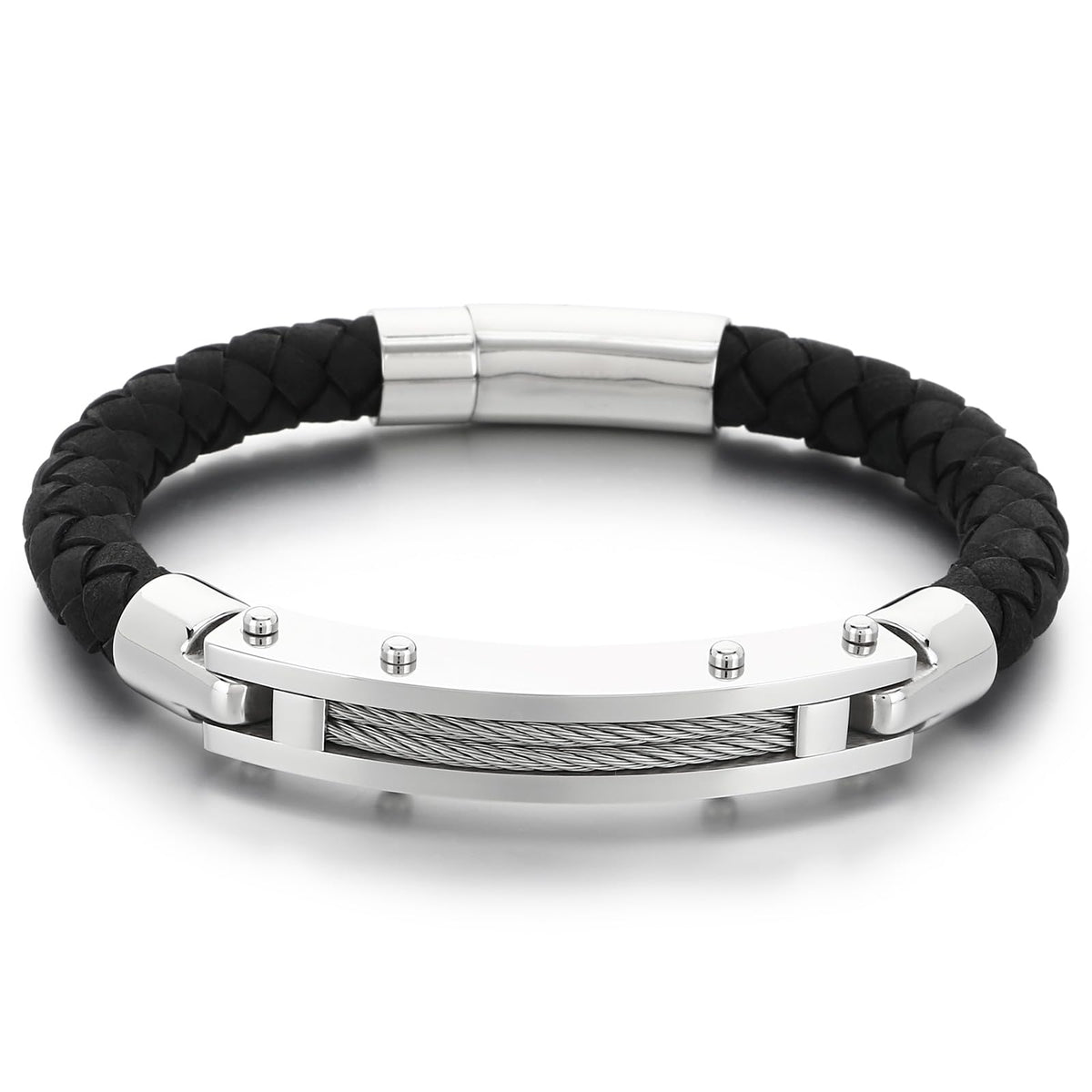 Azubpi Black Braided Leather Bracelet for Men, Stainless Steel Push-In Clasp Casual Fashion Jewelry Gift for Him