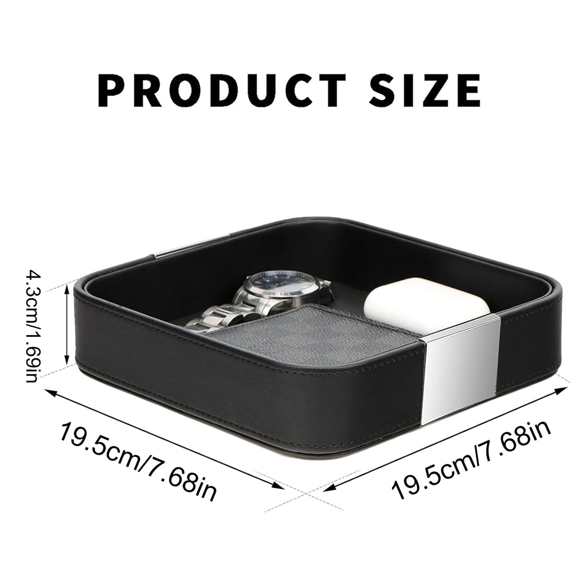 SANZIE Luxury Leather Desktop Storage Small Catchall Organizer Decorative Tray for Entryway Table to Hold Jewelry Watch Cosmetics Keys Phone Wallet, Home & Office Accessories (Metal Silvered, Black)