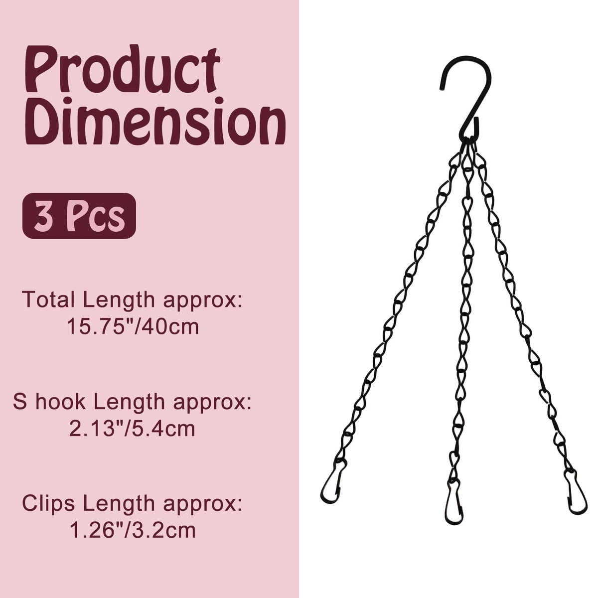 suiwotin 3pcs 16 Inch Hanging Basket Chains 3 Point, Black Chain with Hooks for Hanging Plants, Flower Pot
