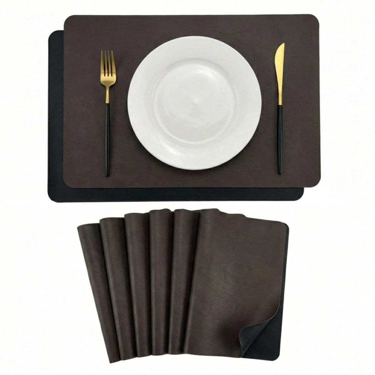 Premium Faux Leather Placemats Set of 6 – Waterproof, Heat-Resistant, Reversible & Non-Slip Table Mats for Kitchen, Dining, Indoor/Outdoor Use (Black & Dark Brown)