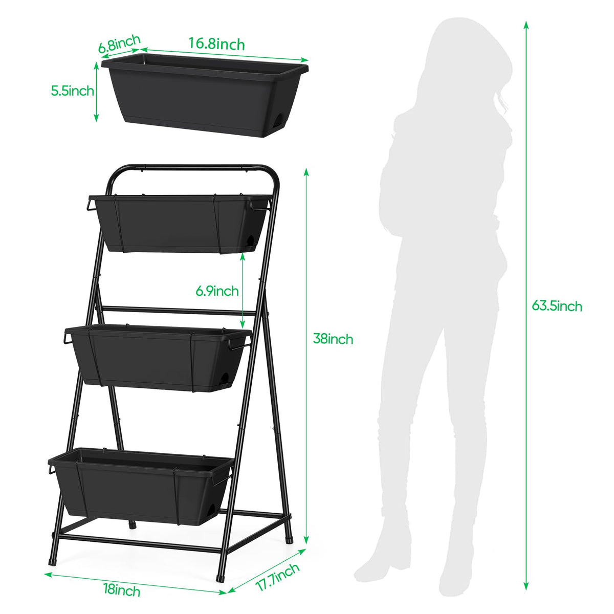 Raised Garden Bed 3 Tier Vertical Garden Planter Elevated Planter Boxes Outdoor Herb Planter with Drainage Holes Removable Tray for Patio Balcony Porch Black