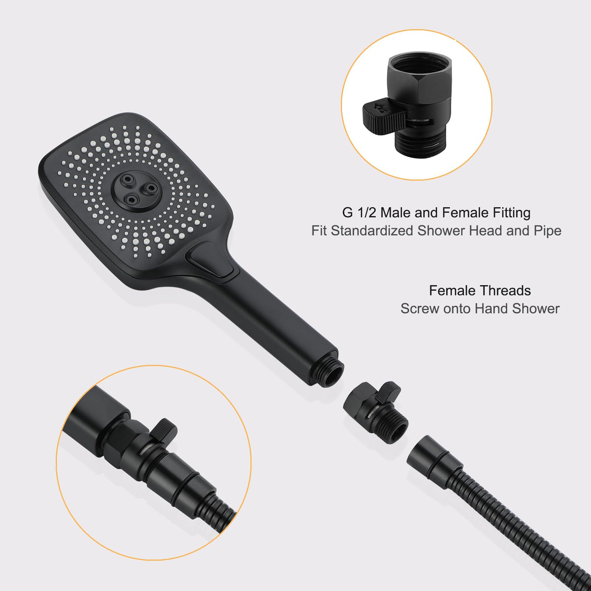 Matte Black Water Flow Control Valve, 1/2" Shower Head Flow Control Brass Shut Off Valve for Handheld, Water Pressure Regulator Replacement for Shower System