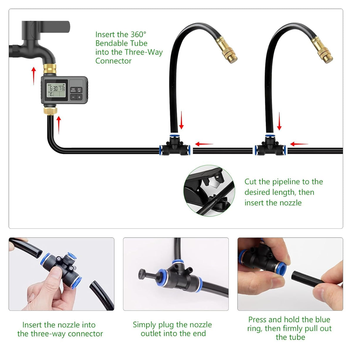 HEKIWAY 60Ft Drip Irrigation System with Smart Water Timer – Automatic Garden Watering Kit with Solid Brass Metal Connectors, 360° Adjustable Nozzles & Bendable Tubing for Garden, Greenhouse & Lawn