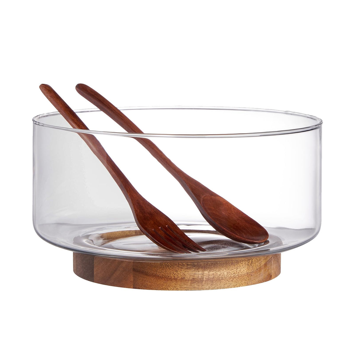 LiTY Glass Salad Bowl Set, 9″ Medium Salad Servers with Acacia Wood Base and Salad Serving Utensils, for Party, Fruits, Popcorn, Chips, Pasta, Kitchen Must-Have