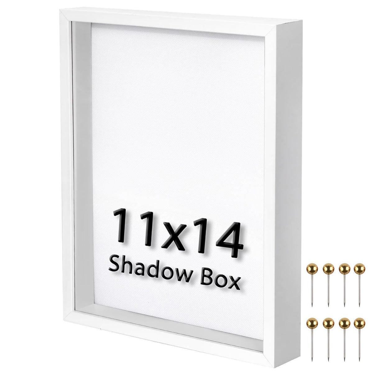 11x14 Shadow Box Frame | Soft Linen Back & Push Pins Included, Polystyrene Glass Memory Display Case for Flowers, Tickets & Cherished 3D Items, White