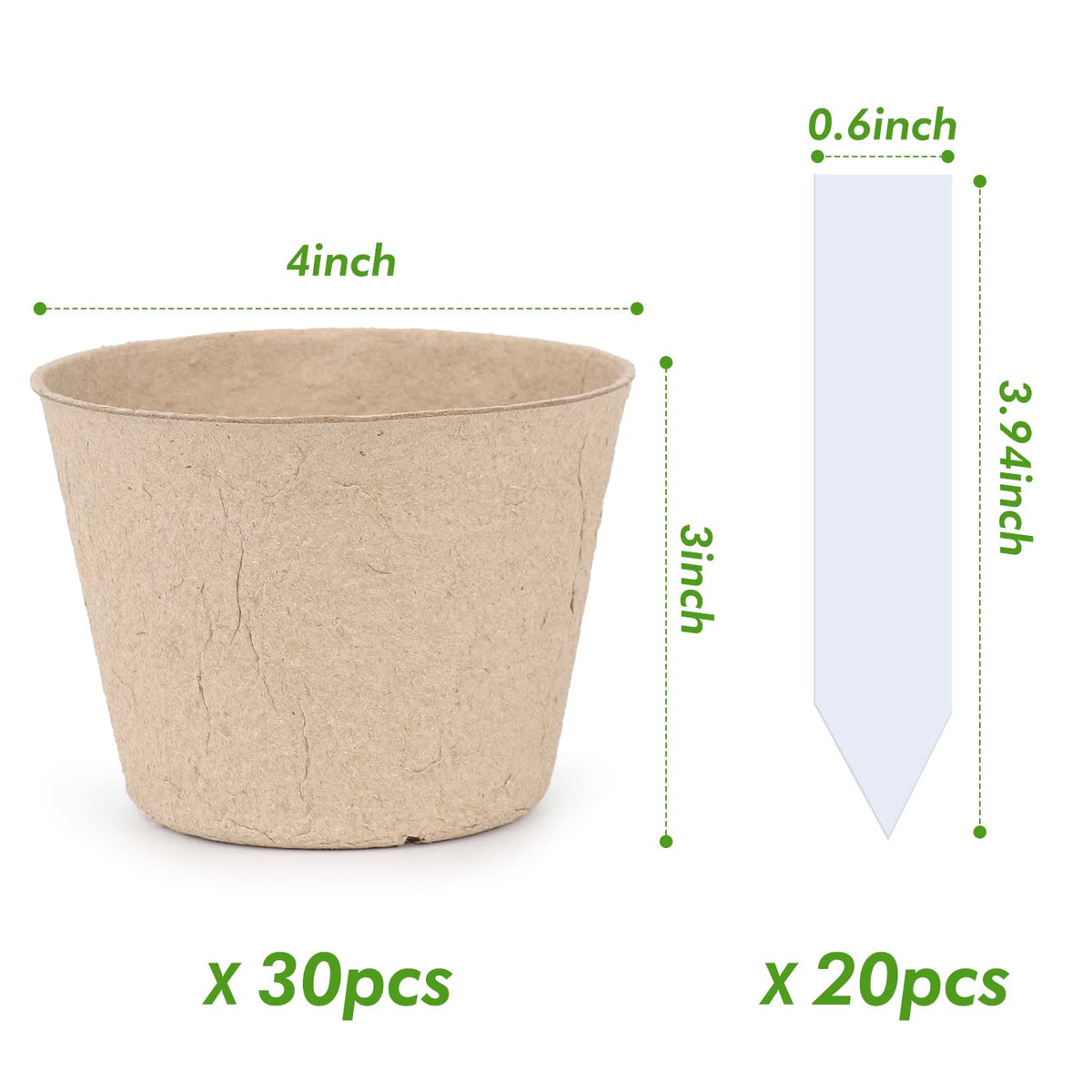 homenote Peat Pots, 4 Inch Seed Starting Pots with Drainage Holes Round(30 Pcs) with 4 Inch Plastic Plant Labels Waterproof Plant Tags(200 Pcs)