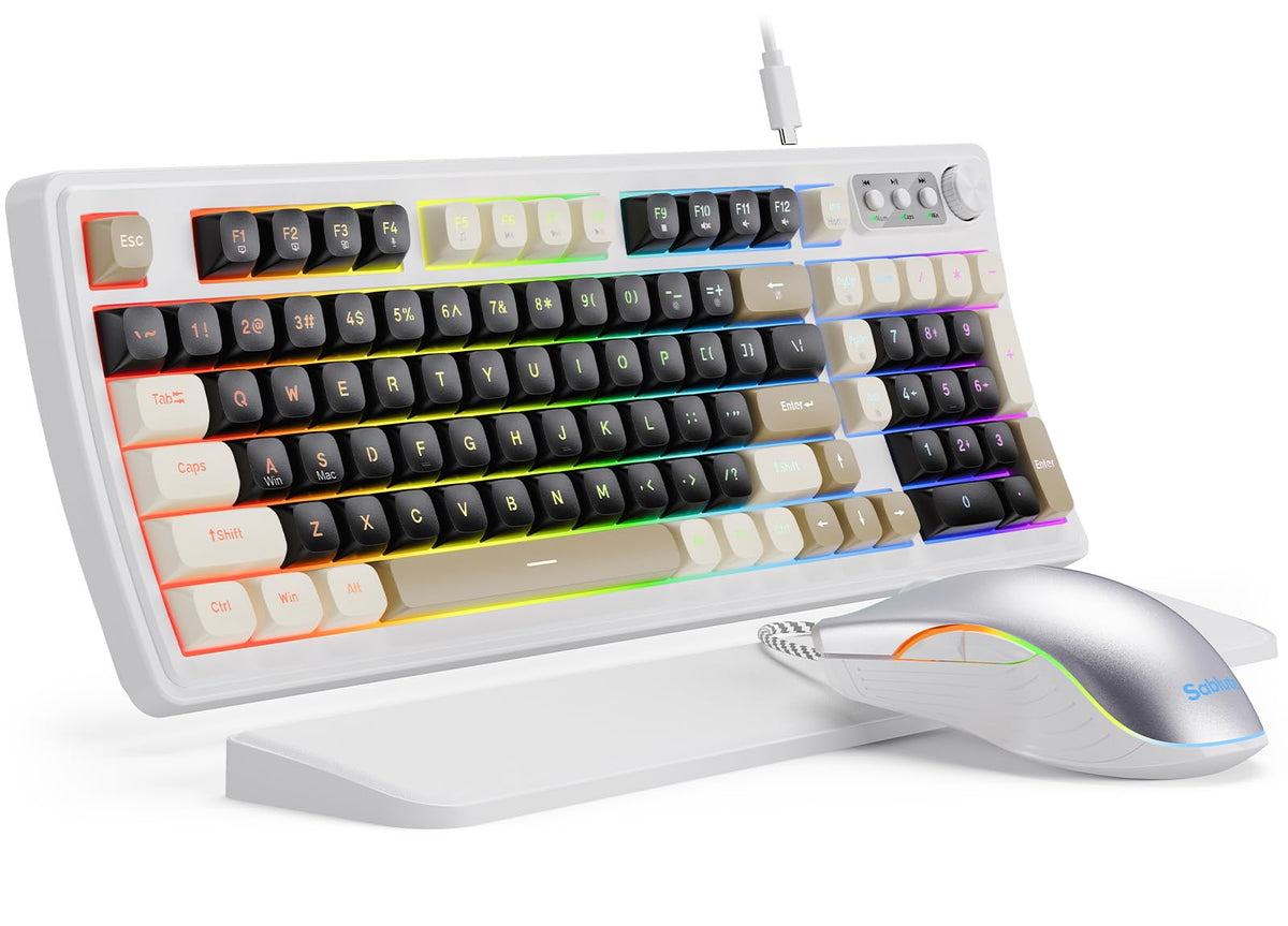 SABLUTE Wired Gaming Keyboard and Mouse, RGB Backlit Mechanical Feel PC Gaming Keyboard with Multimedia Knob & Anti-Ghosting Ergonomic Premium Leather Wrist Rest for Game (White)