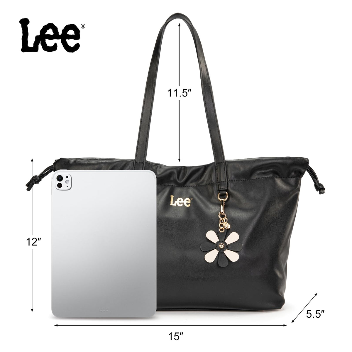 Lee Leather Tote Bag for Women, Spacious Vegan Leather Shoulder Bag & Handbag with Drawstring Closure, Durable Shoulder Straps, Large Capacity Work & Travel Purse, LEE73-001BK
