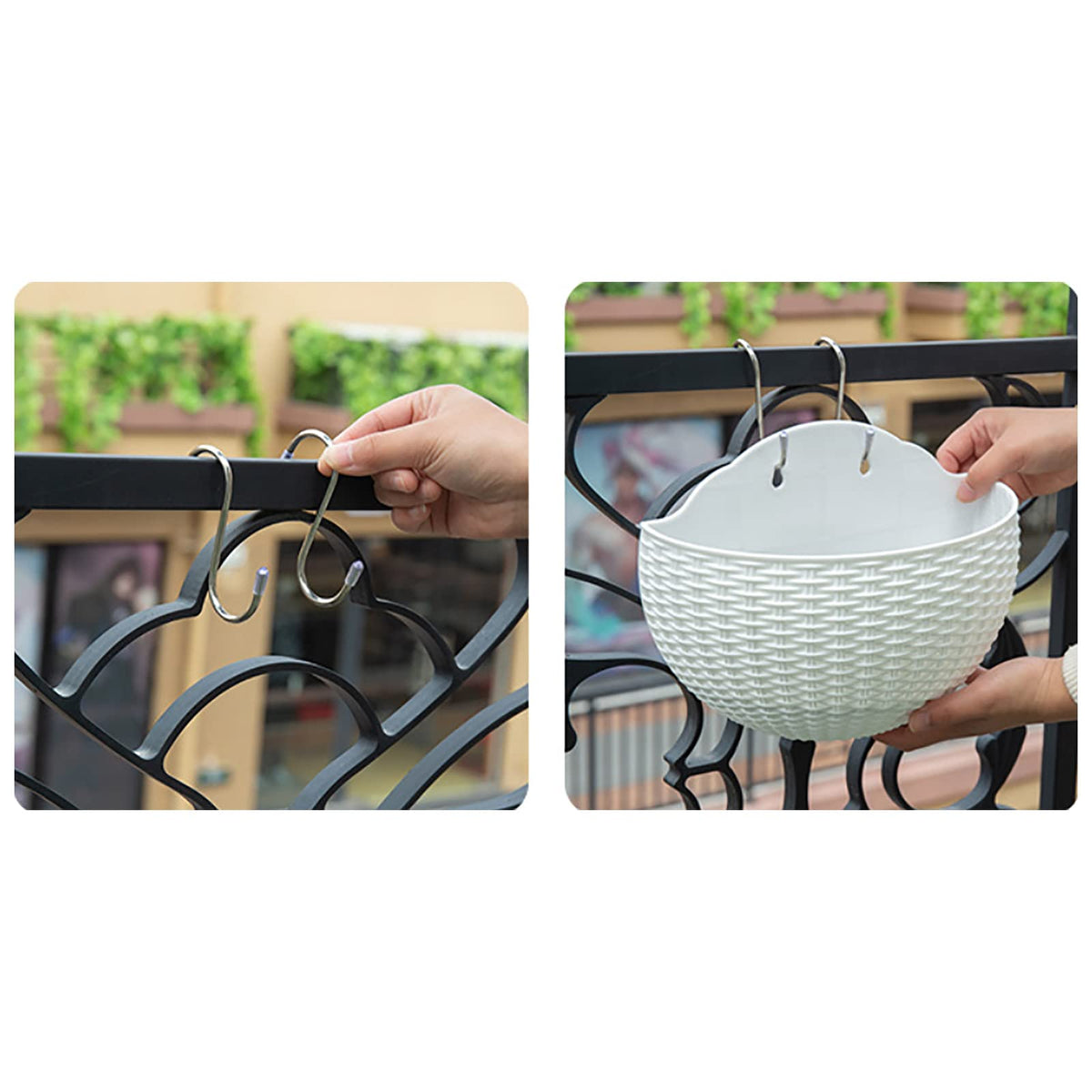 Hanging Planter Pot, Wall and Railing Hanging Planters with S Hooks, Half Round Imitation Rattan European Style Wall Flowerpot Rustic Decorative Flower Basket for Home Balcony(#2pcs 26 * 20cm Khaki)