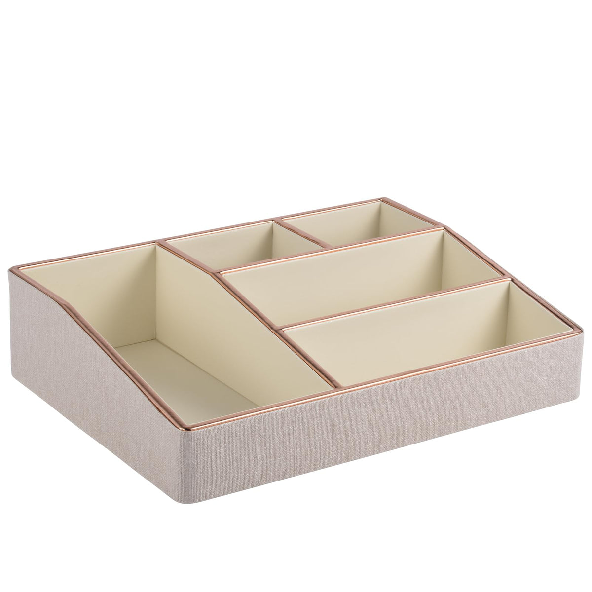 PU Leather Makeup Organizer Tray,Large Vanity Organizer,Cosmetic Storage Box for Lipstick Brushes Skincare Perfume,Cosmetic Display Case Rose Gold-trimmed for Dresser,Bathroom Countertop(Beige)