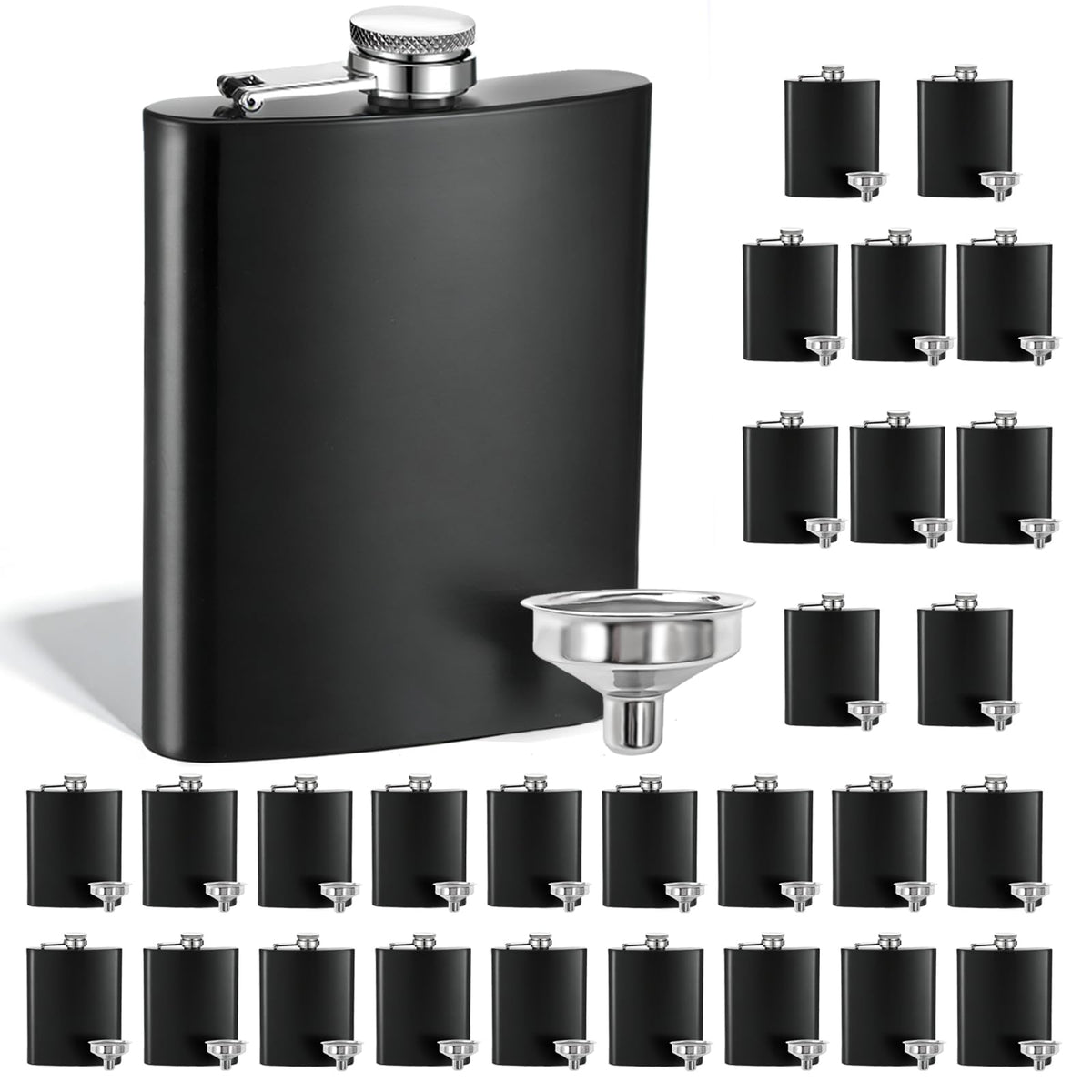 30 Pieces Hip Flasks Set Stainless Steel Liquor Flask with Funnel Metal Leak Proof Flask Pocket Whiskey Flasks for Laser Engraving, Black